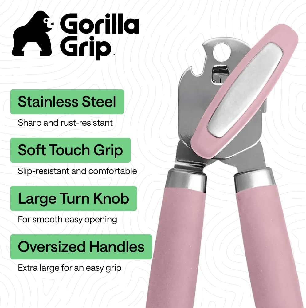 GORILLA GRIP Original Model Stainless Steel Smooth Edge Manual Can Opener and Bottle Openers, US Designed, Comfortable Handle, Oversized Handheld Turn Knob, Multifunctional Kitchen Tool, Gray