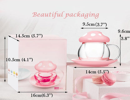 Mushroom Tea Cup Set, Cute Cups Glass Tea Cups with Infuser and Lid, Kawaii Teacup for Loose Leaf Tea Steeper, Coffee Mugs with Saucers, Blooming Tea, Tea Maker Gifts for Women Girls Birthday (Pink)
