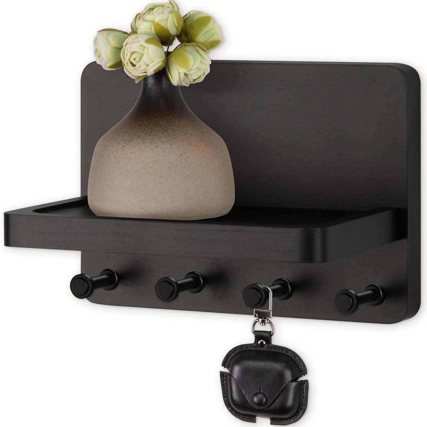 Nekon Key Holder for Wall with Shelf, Pine Wooden Key Hanger, Black | Small Wall Mounted Key Holder with 4 Hooks, Farmhouse Wall Organizer for Home Entryway & Apartment