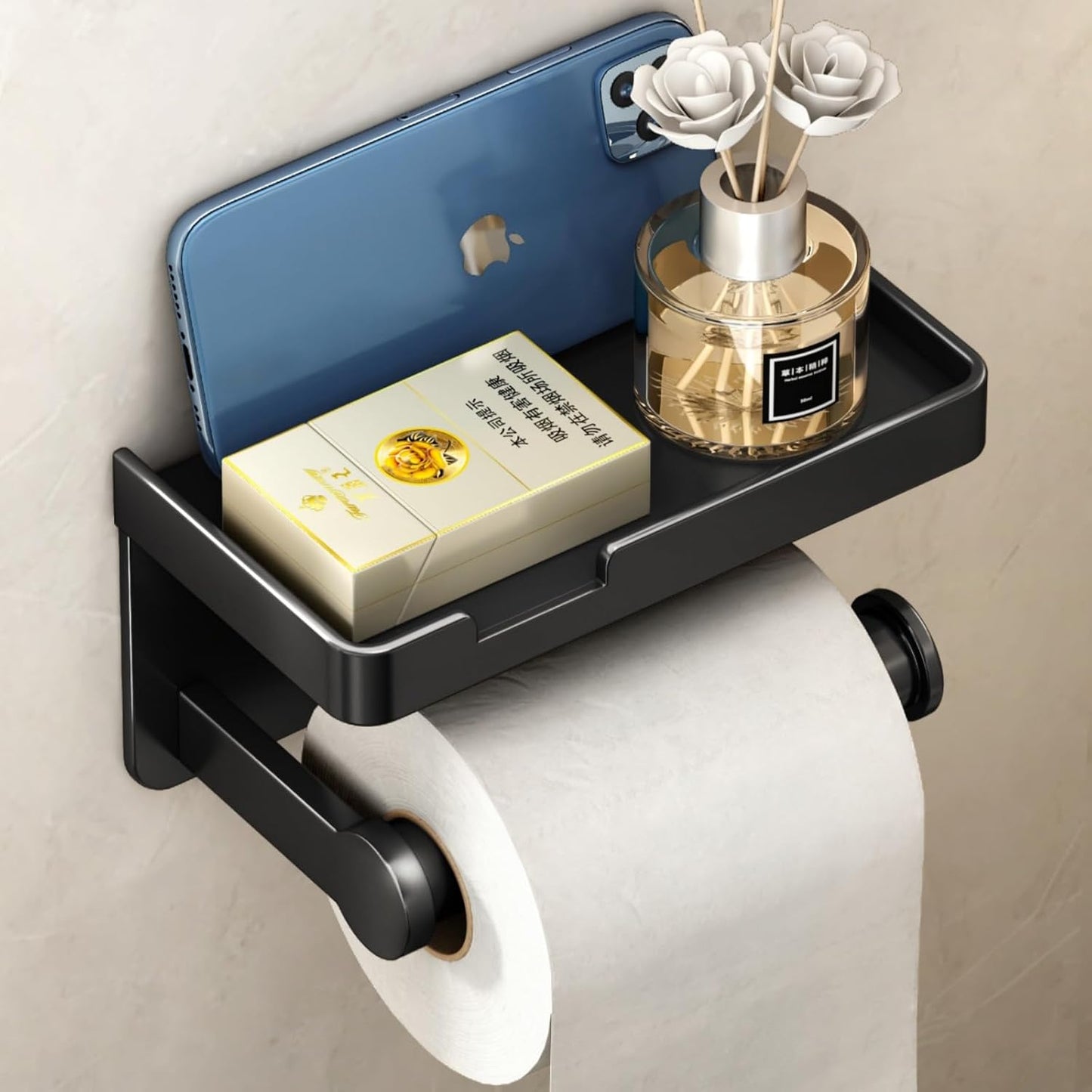 VOLDRA Toilet Paper Holder with Shelf Black Wipes Dispenser for Bathroom Toilet Paper Holder with Storage Upgrade Drawer Design Toilet Tissue Holder Adhesive Small Bathroom Shelf Wall Mount