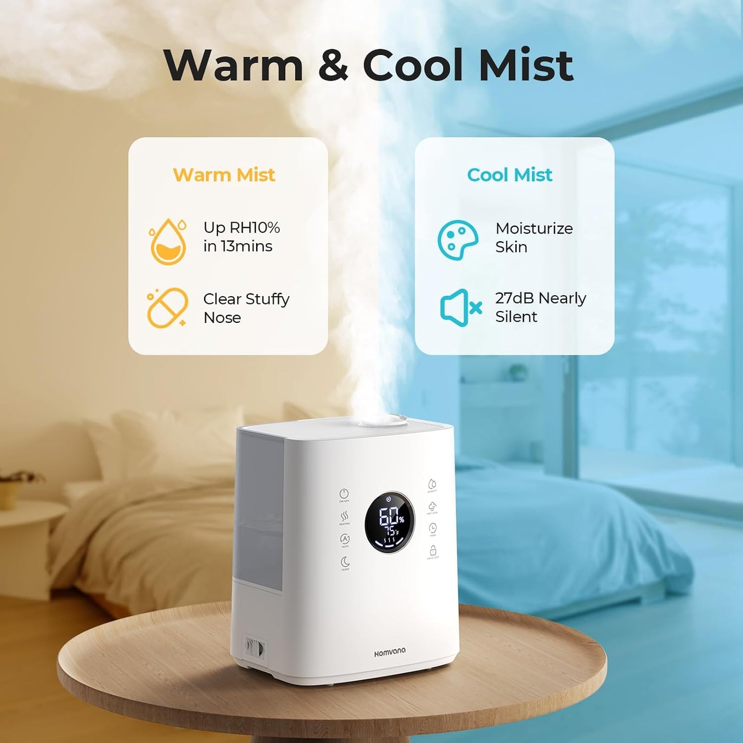Homvana Humidifiers for Bedroom Large Room, 6.5L Top-Fill Warm & Cool 360° Rotatable Mist Ultrasonic Humidifier for Plants Baby Kids, Vaporizer (Distilled Sterilization) Essential Oil, Auto Sleep Mode