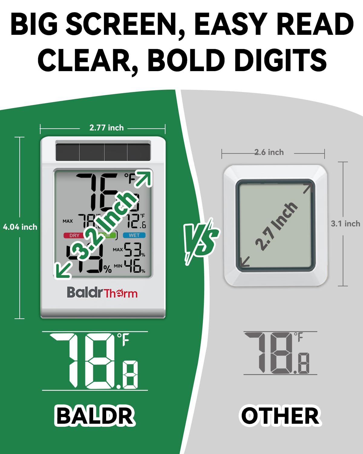 BALDR Solar Indoor Thermometer Hygrometer, Max/Min, Comfort Meter (White) | Solar & Battery Dual Power |No Setup or App Required |Clear Comfort Level Indicator |Flexible Desk or Wall Placement