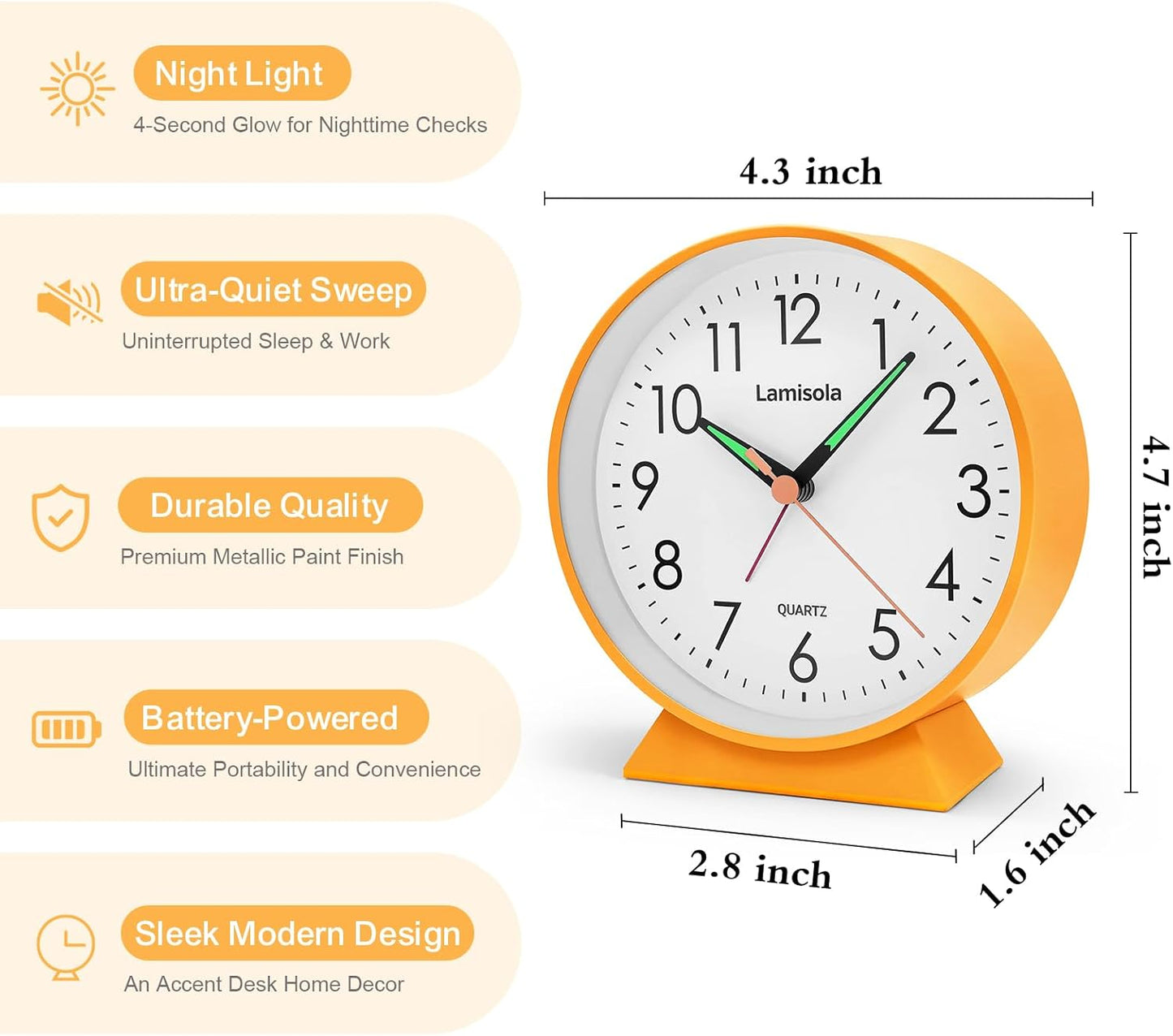 4.5 Inch Small Silent Analog Alarm Clock, Retro Battery Operated Desk Clock with Night Light Stays On 4 Seconds Vintage Metal Table Clock for Bedside, Nightstand, Bedroom, Office, Bathroom - Black