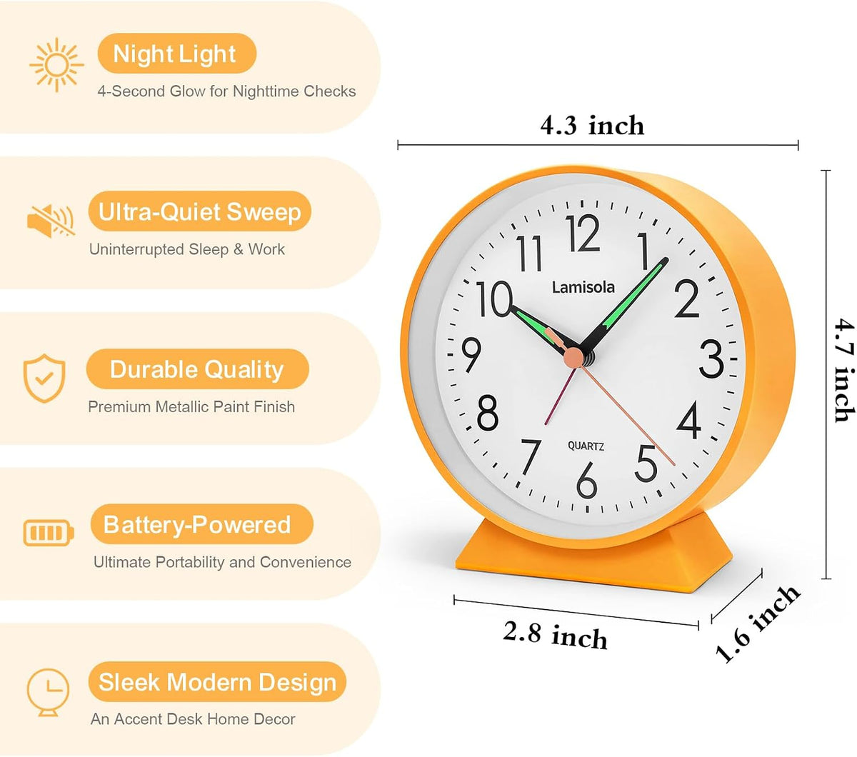 4.5 Inch Small Desk Clock Battery Analog Alarm Clock for Bedroom, Black