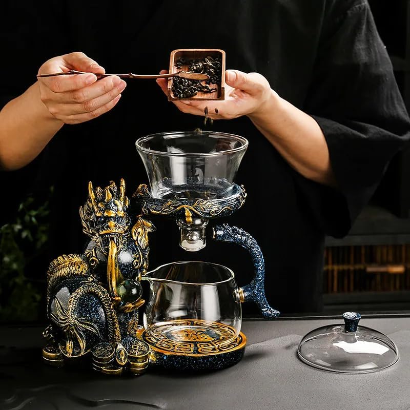 Glass Teapot Set with Infuser Semi Automatic Dragon Tea Set (Blue golden teapot)