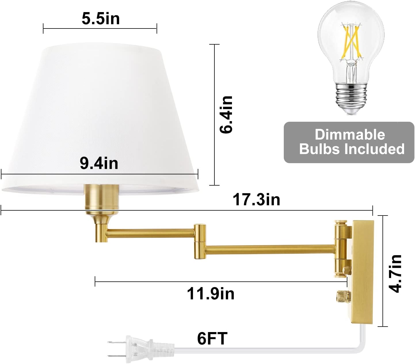 TRLIFE Wall Sconce Plug in, Dimmable Wall Sconces Set of Two Swing Arm Wall Lights with Plug in Cord and On/Off Dimmer Rotary Switch, 9.4" Medium Beige Fabric Shade(2 Pack, 2 Bulbs)