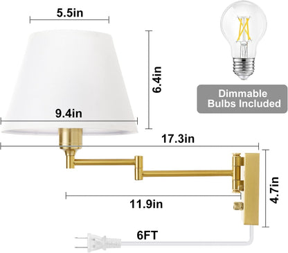 TRLIFE Wall Sconce Plug in, Dimmable Wall Sconces Set of Two Swing Arm Wall Lights with Plug in Cord and On/Off Dimmer Rotary Switch, 9.4" Medium Beige Fabric Shade(2 Pack, 2 Bulbs)