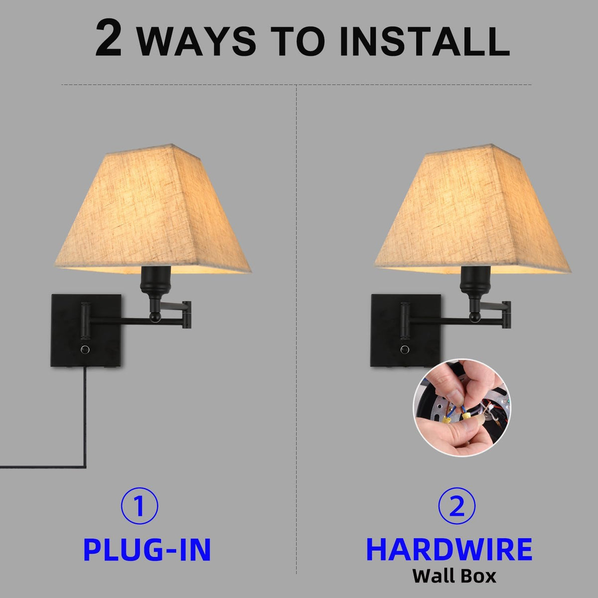 Wall Mounted Lamp Plug in Wall Sconce with Dimmable Switch Swing Arm Wall Lamp Whire Fabric Shade with USB Port Gold Wall Sconce Suitable for Hallway Bedroom Living Room…