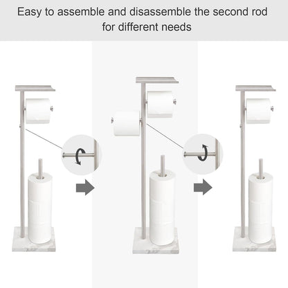 GZILA Toilet Paper Holder Stand with Shelf, Marble Base Heavy Free Standing Toilet Paper Double Roll Holders SUS304 Stainless Steel Brushed Nickel, Storages 4 Reserve Rolls Dispenser