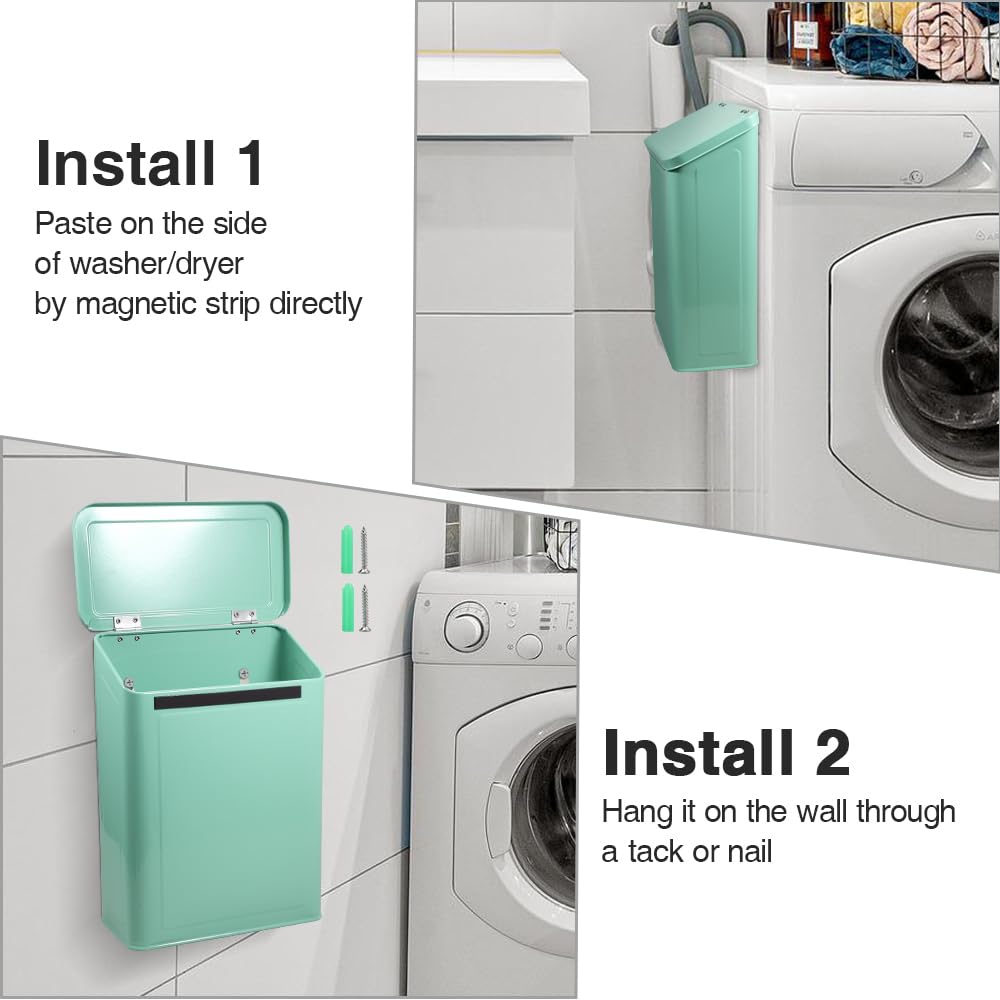 Picowe Magnetic Laundry Storage, Large Metal Lint Holder Bin with Lid for Laundry Room, Space-Saving Trash Container Hanging on Dryer, Washer or Wall Mount Trash Bin (White)