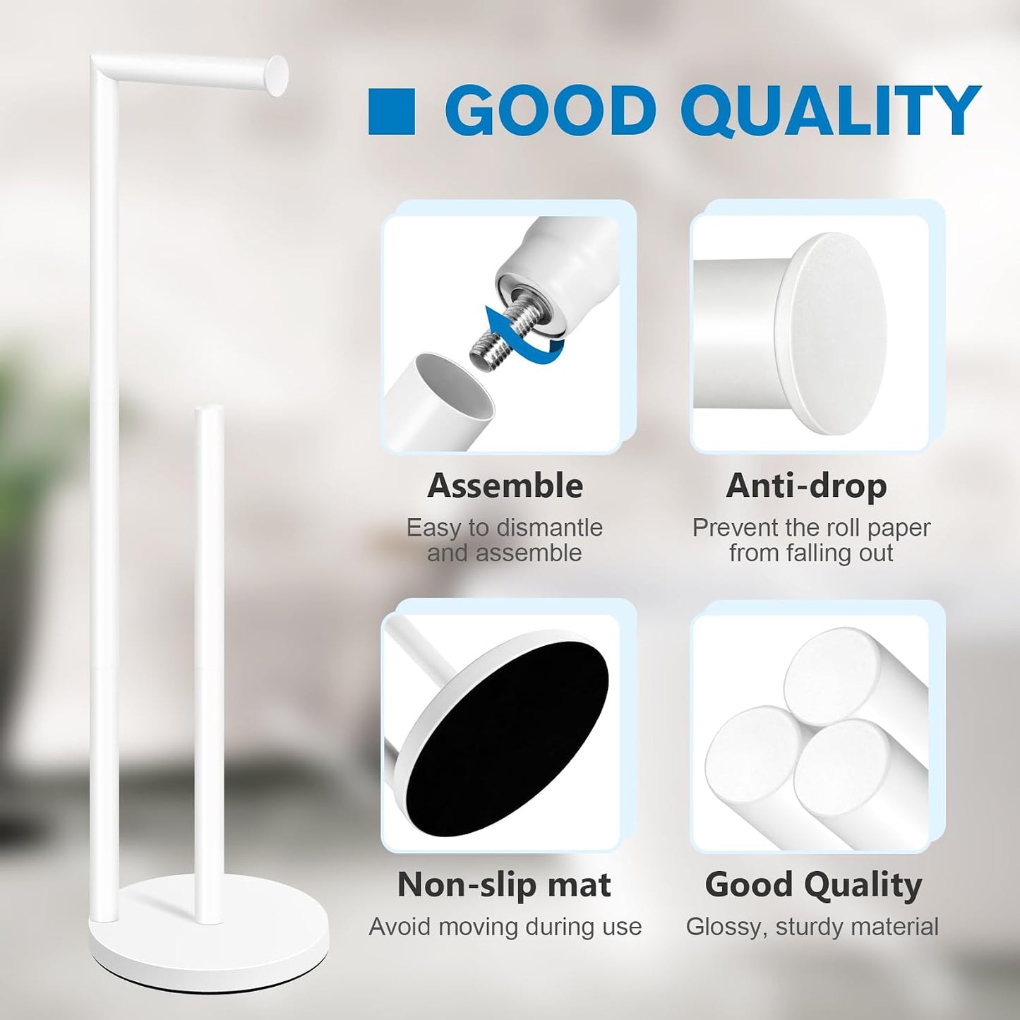 Toilet Paper Holder Stand, Brushed Nickel Toilet Paper Holder Free Standing | Stainless Steel Toilet Paper Holder for 4 Rolls, Bathroom Organizers and Storage with Anti-Slip Base and Rustproof