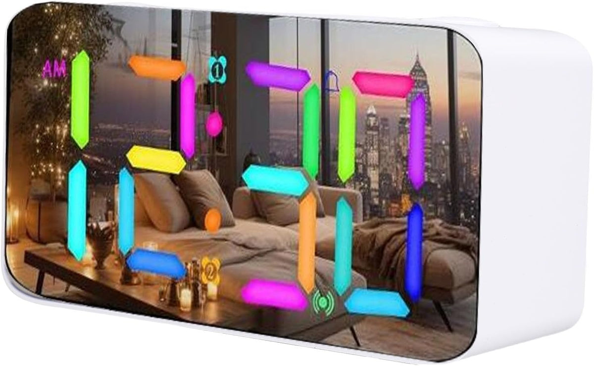 banapoy 7 Inch Mirror Alarm Clock with Bed Shaker, RGB Night Light, 15 Color Modes, 5 Levels Volume, 115dB, Dual Alarms, 3 Alarm Modes for Heavy Sleepers Seniors (White)