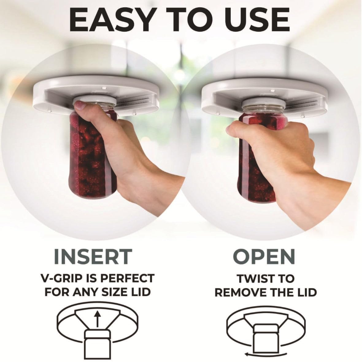 Mount-on Cabinet Jar Opener, Under Cabinet One-Handed Lid Opener for Seniors & Weak Hands, Arthritis Friendly Grip Tool, Universal Bottle Opener Fits All Lid Sizes for Home Daily Assistance