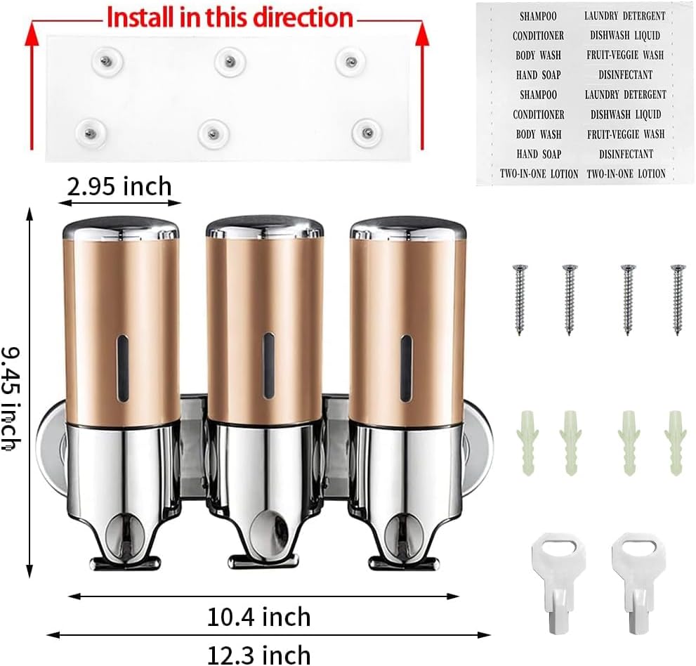 3 in 1 Chamber Wall Mounted Shampoo and Conditioner Dispenser (Silver) | No Drill Shower Soap Dispenser for Bathroom & Hotel Leak-Proof Pumps, Easy Installation and Large Capacity