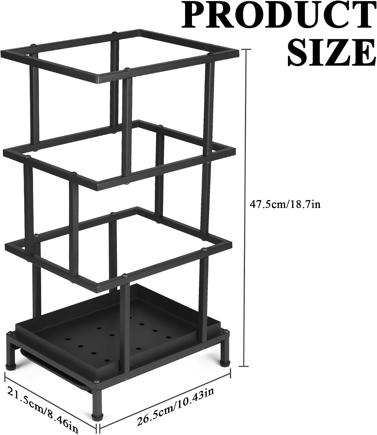 Alyoen Umbrella Holder for Entryway, Metal Umbrella Stand with Water Tray and Cane Holder, Adjustable Feet, 10.4 x 8.4 x 18.7 in, Suitable for Home, Office, and Shopping Mall (Black)