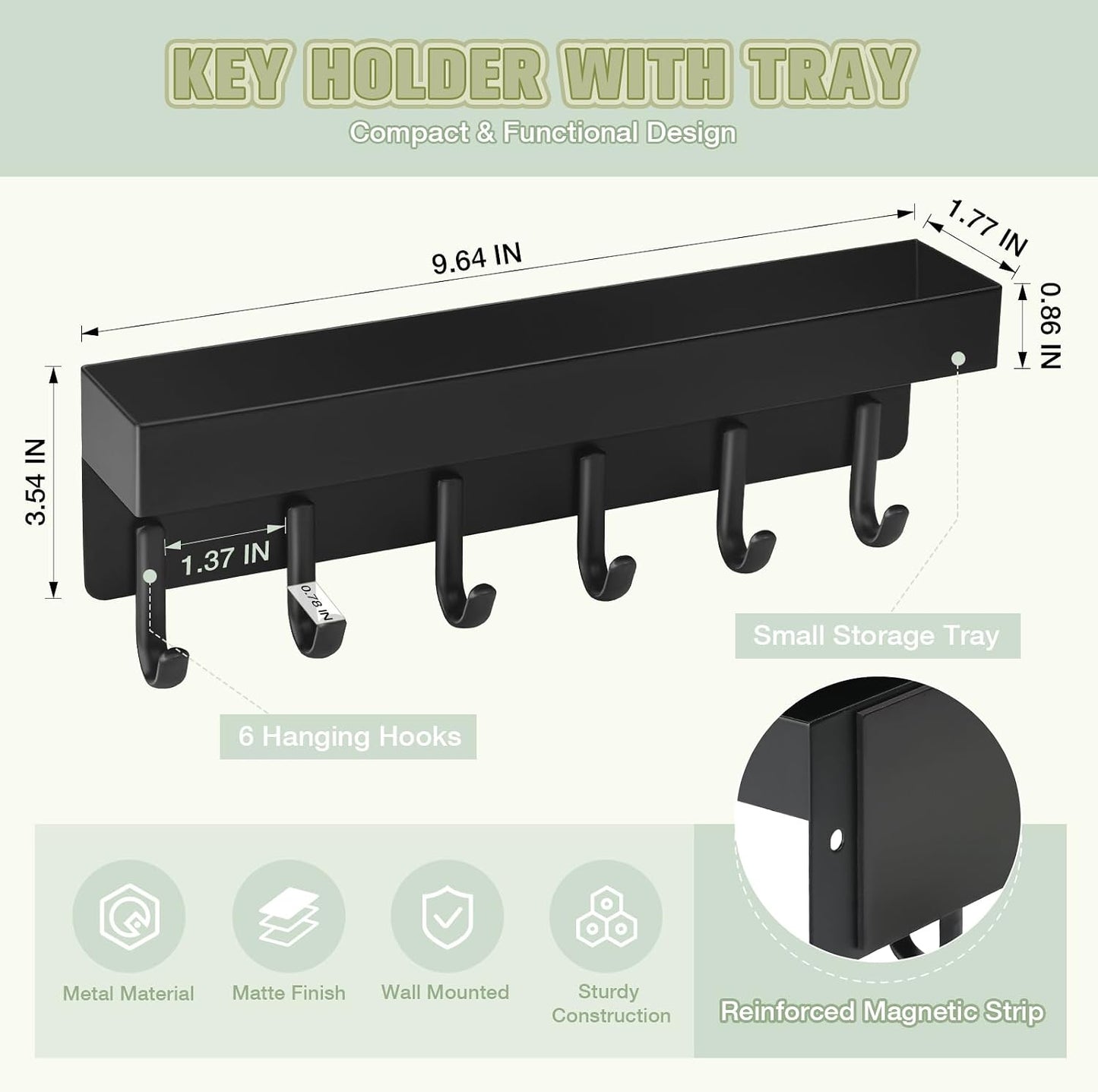 VIS'V Key Holder Wall Mount, Magnetic Key Rack with Tray, 6 Hooks, Black | 2 Mount Options, Metal Material, Compact Discreet Design, for Fridge, Kitchen, Entryway, Hallway, Doorway, Garage, Camper