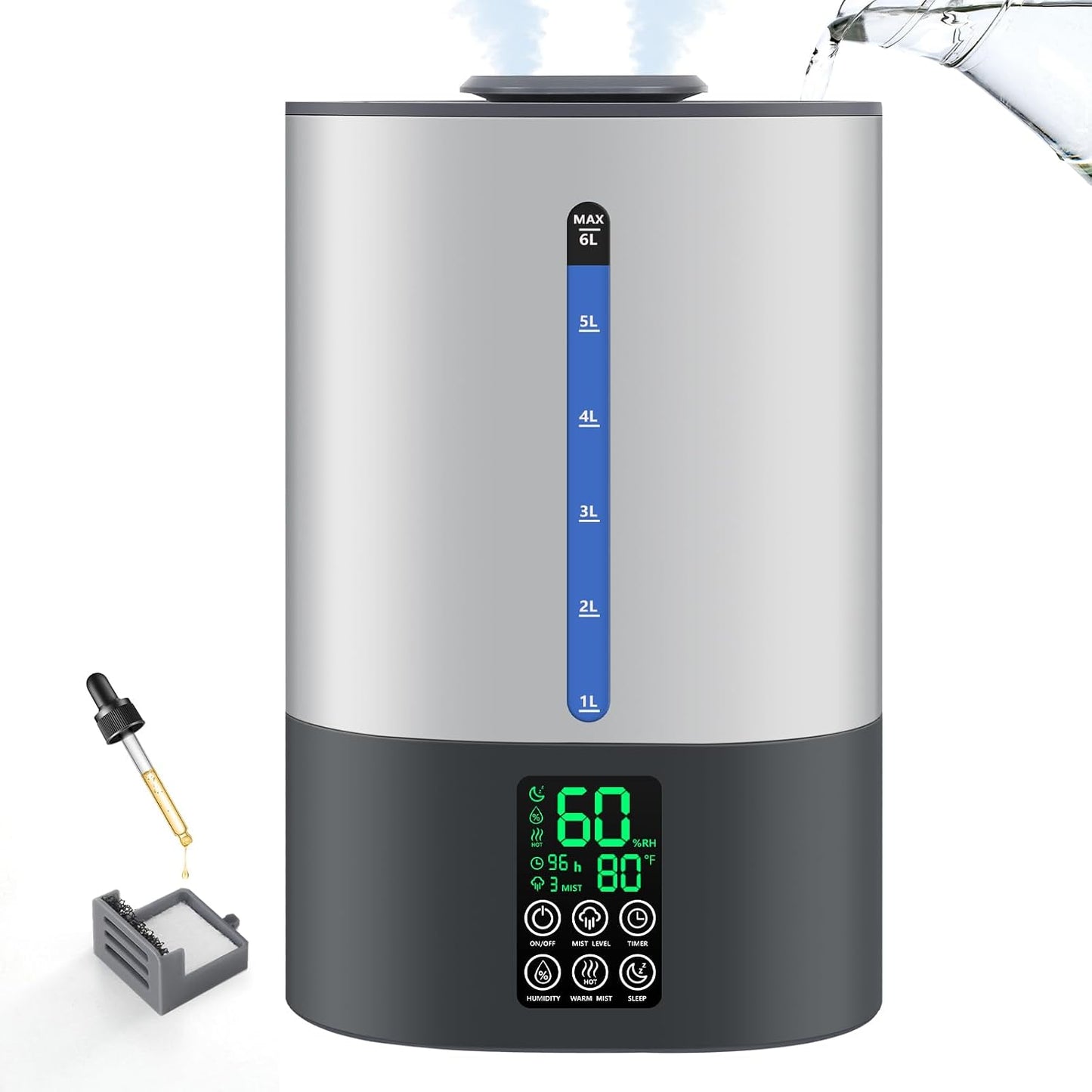 Coolfiqu 6L Humidifiers for Bedroom Large Room Home,Cool and Warm Humidifier for Baby and Plants Hot Mist Top Fill Desk Humidifier Oil Diffuser,Quiet,Auto Mode,360°Nozzle-Midnight Black(2026 Upgraded)