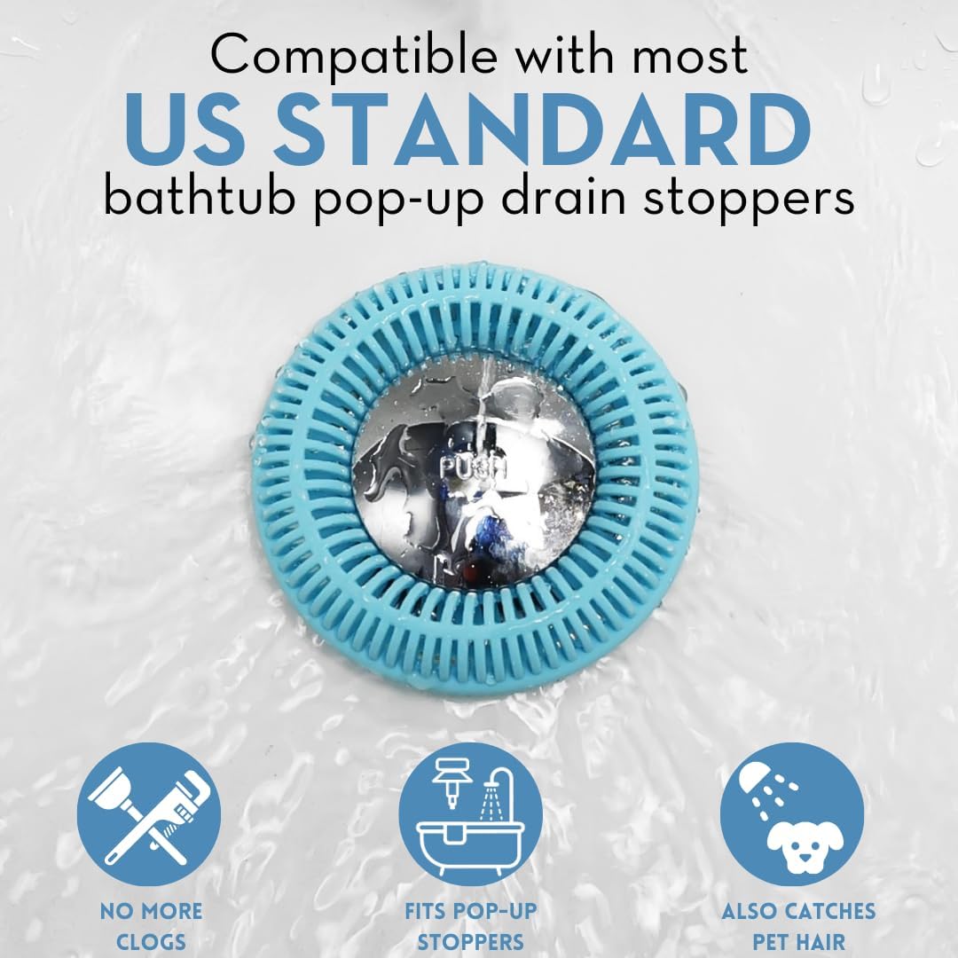 TubRing Pop-Up Drain Protector & Strainer Silicone Hair Catcher, Aqua | Easy snap-in design fits around bathtub stoppers. Customizable utility guard for clog prevention. Fits 1.85"- 2.16" drains.