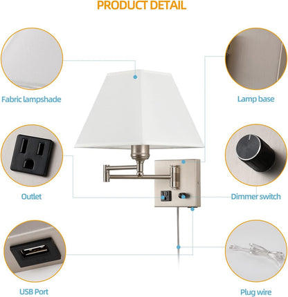 Wall Mounted Lamp Plug in Wall Sconce with Dimmable Switch Swing Arm Wall Lamp Whire Fabric Shade with USB Port Gold Wall Sconce Suitable for Hallway Bedroom Living Room…