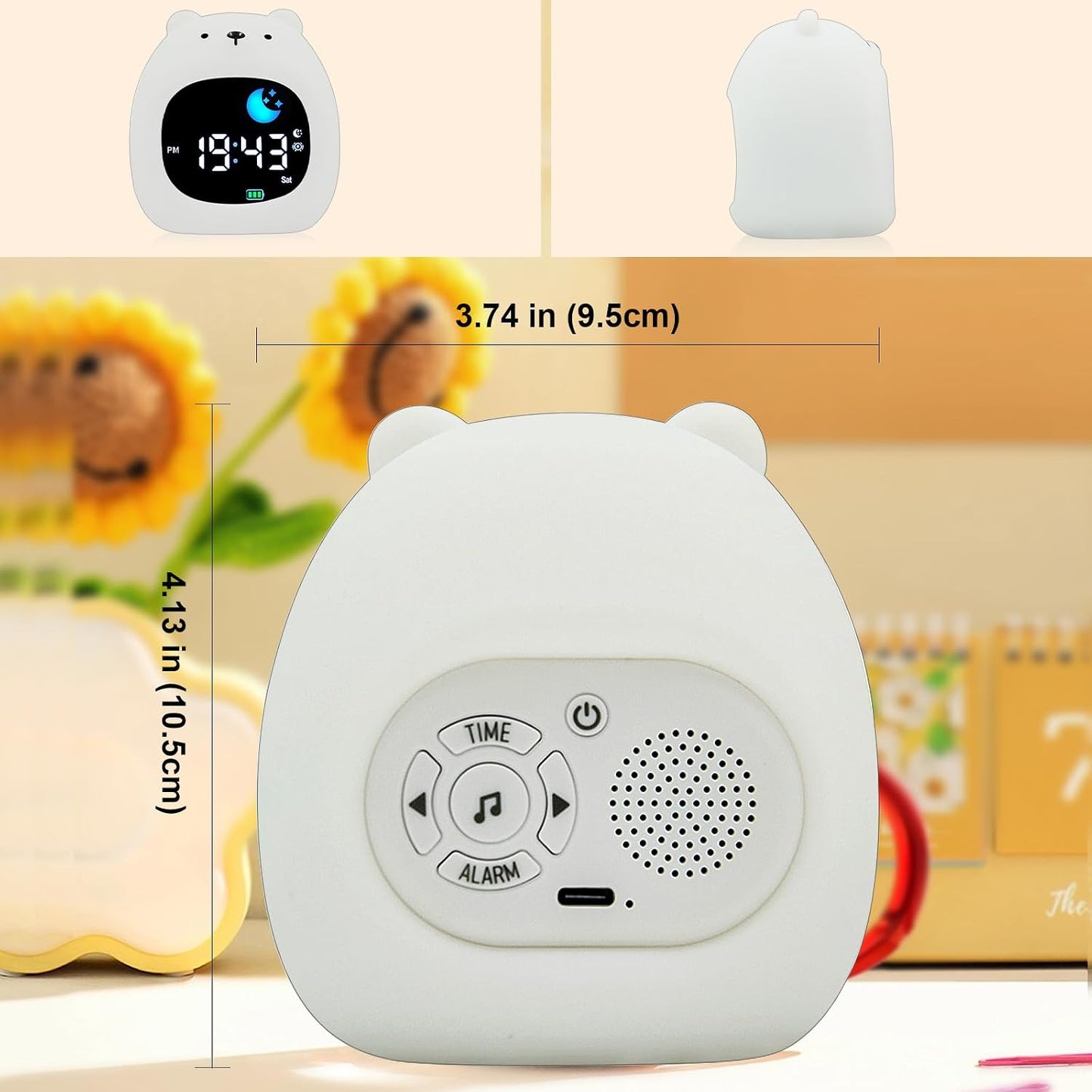 Kids Alarm Clock, Sunrise Alarm Clock with Night Light, LED Display Bedside Clock with Sleep Music Soothing Sounds, Snooze Function, 12/24H, 6 Adjustable Brightness for Bedroom, White Bear