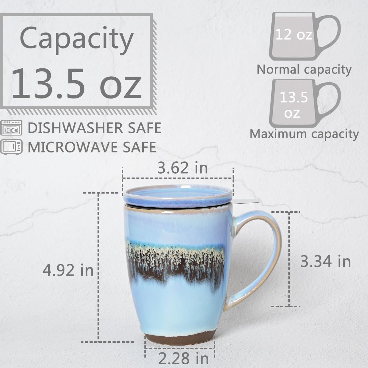 Bosmarlin Ceramic Tea Cup with Infuser and Lid, 13.5 Oz, Loose Leaf Tea Steeper Mug with Strainer, Microwave and Dishwasher Safe, Reactive Glaze (13.5 Oz, Pale Green)