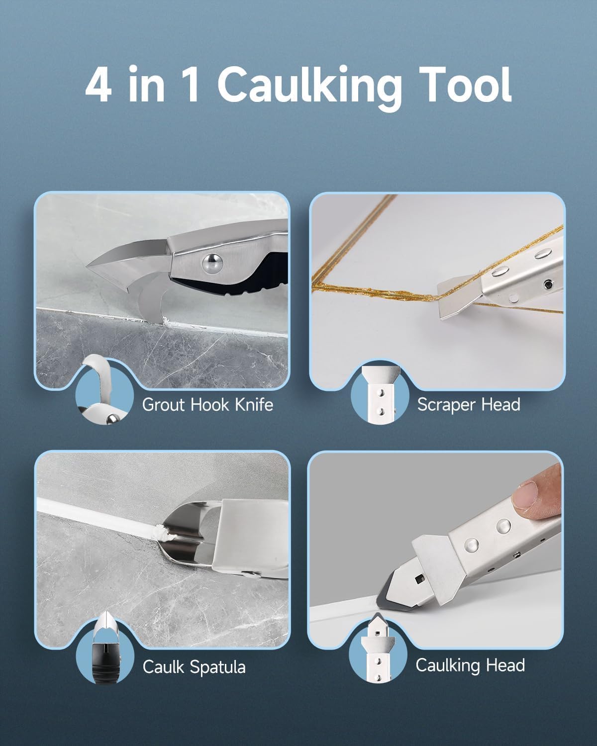4 in 1 Silicone Caulking Tool Kit, Stainless Steel Caulk Remover Tool | Multi-Surface Use, Comfortable Grip, Plastic & Metal Scraper, 5 Exchange Silicone Pads, 3 Caulk Finishing Tools, Storage Bag