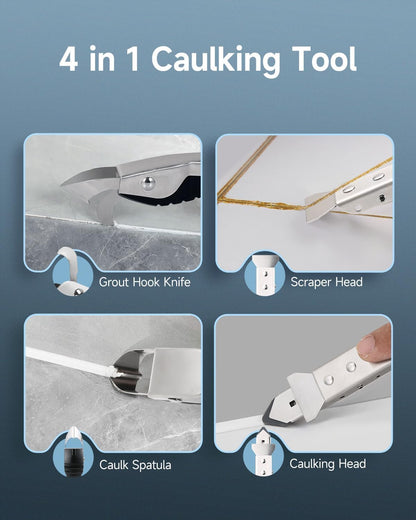 4 in 1 Silicone Caulking Tool Kit, Stainless Steel Caulk Remover Tool | Multi-Surface Use, Comfortable Grip, Plastic & Metal Scraper, 5 Exchange Silicone Pads, 3 Caulk Finishing Tools, Storage Bag
