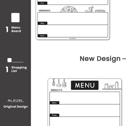 ALEZEL Magnetic Dry Erase Menu Board for Fridge | Set of Weekly Meal Planner Whiteboard for Kitchen Refrigerator, 1 Grocery List Board, 3 Markers + Eraser
