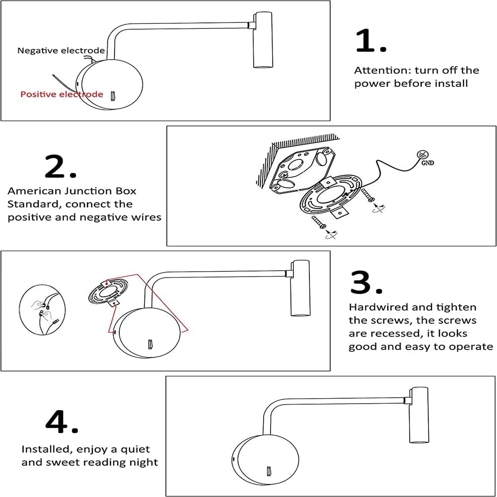 ZEROUNO Wall Mounted Reading Light for Bedroom LED Hardwired Sconce with Switch on/Off Modern 3000K Swing Arm Bedside Wall Mount Lamp (Black)