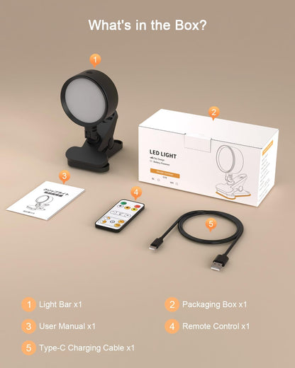 Clip on Light with 5000mAh Rechargeable Battery Operated, Eye Care Reading Light for Bed with 360° Rotation Touch & Remote, USB Clamp Light with 3 Color Modes & Dimmable for Headboard Bedside (black)