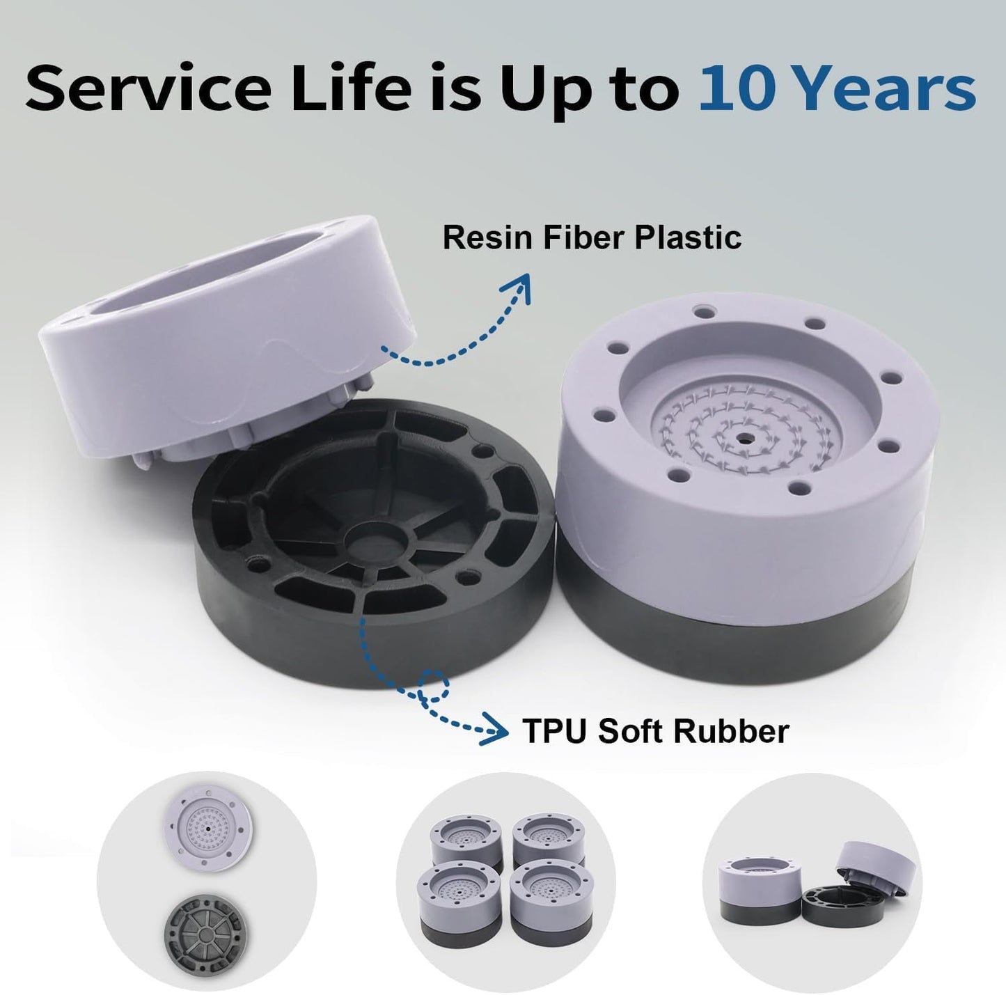4PCS Universal Anti-Vibration Pads for Washing Machine, Dryer, Dishwasher - Non-Slip Rubber Feet Pads, Shock Absorber, Anti-Walk Mat, Noise Reduction, Stabilizer Gray Resin Fiber & TPU Rubber