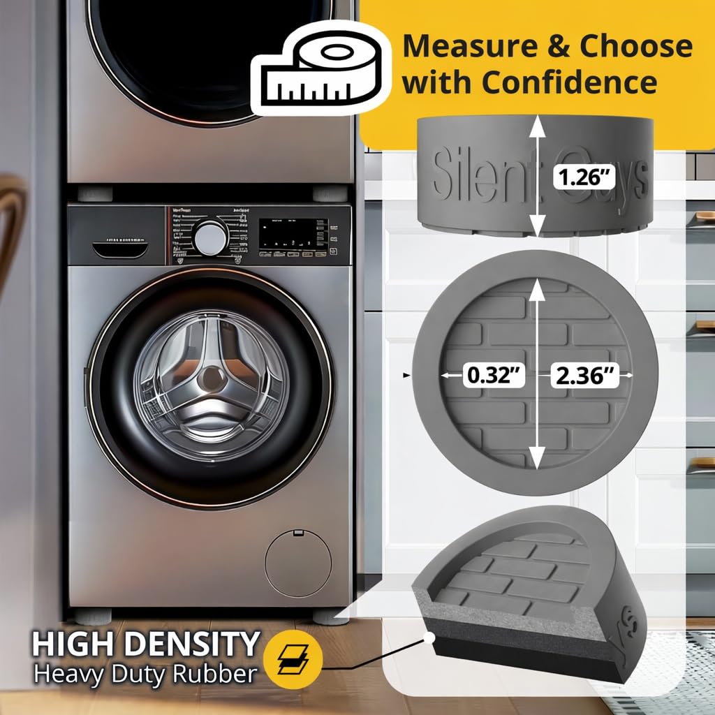 Heavy Duty Anti Vibration Pads for Washing Machine, Grey 4 Pack Washer Feet | Works as washer & dryer leveling pads or anti vibration mat. Universal fit up to 2.36in feet, reduces shaking & noise.