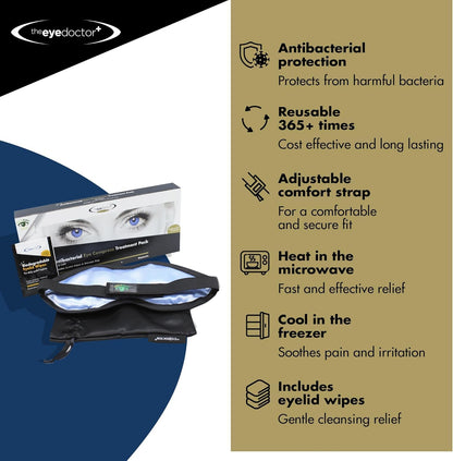 The Eye Doctor Featuring Sterileyes - Hot Eye Compress for Dry Eye, Blepharitis and MGD with a Removable Cover. Cold Compress, Includes 6 Eyelid Wipes