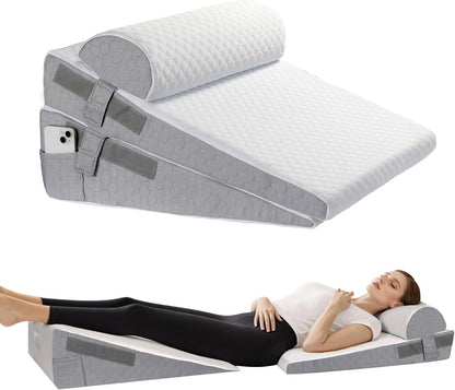 Bed Wedge Pillow for Sleeping, 3 Pcs Adjustable Height 4.5&7.5&12 Inch Triangle Pillow Wedge for Post Surgery, Acid Reflux, Snoring, Legs Pain Relief (Gray)