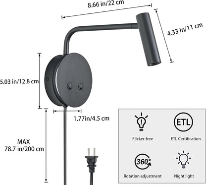 Matte Black Wall Mounted Reading Light, 3000K Flexible Headboard Reading Sconces with On Off Switch Control, Plug in/Hardwired Wall Light Fixtures with Night Light for Bedside Bedroom Bunk