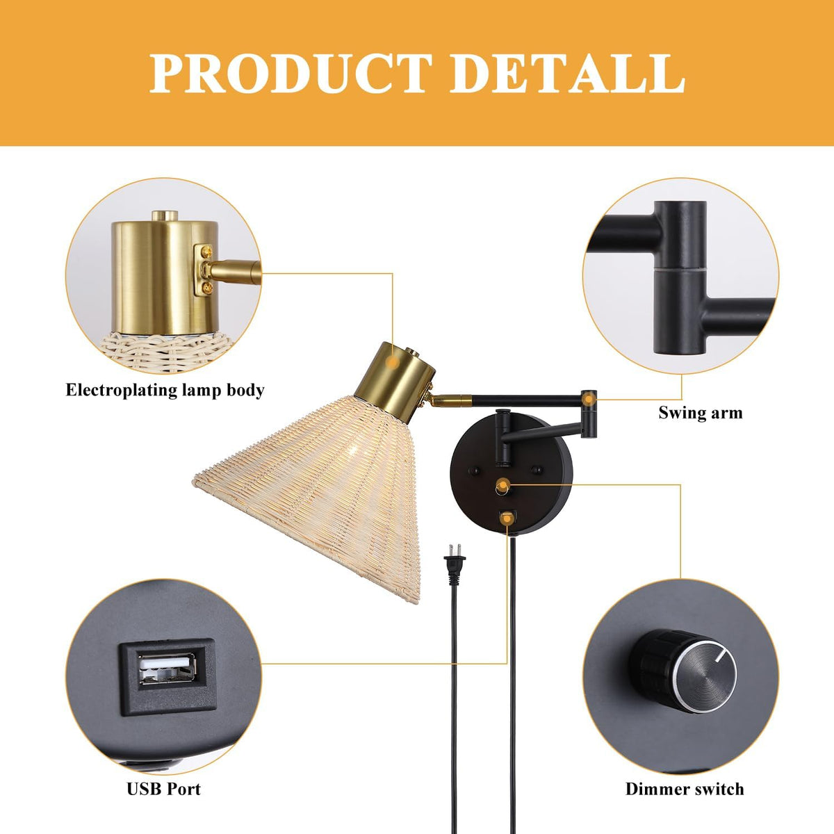 Wall Mounted Lamp Plug in Wall Sconce with Dimmable Switch Swing Arm Wall Lamp Whire Fabric Shade with USB Port Gold Wall Sconce Suitable for Hallway Bedroom Living Room…