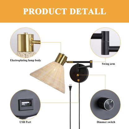 Wall Mounted Lamp Plug in Wall Sconce with Dimmable Switch Swing Arm Wall Lamp Whire Fabric Shade with USB Port Gold Wall Sconce Suitable for Hallway Bedroom Living Room…
