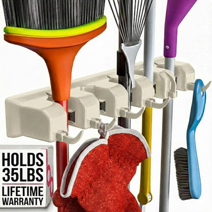 Broom Holder Wall Mount, Broom and Mop Organizer Wall Hanging Rack & Hanger | (Black) Broom Hanger Wall Mount, Mop and Broom Holder Wall Mount, Mop Holder, Hanger for Brooms and Mops, 5 Slots 6 Hooks