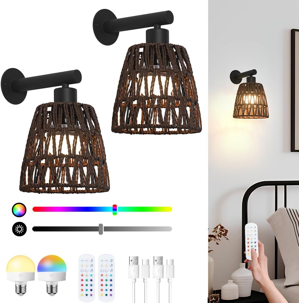 Boho Battery Operated Wall Sconces, Rattan Wall Sconce Set of 2 with Remote, RGB 15 Colors Dimmable Rechargeable Wall Light, Black Indoor Wireless Wall Lamp, Farmhouse Rattan Wall Lighting for Bedroom