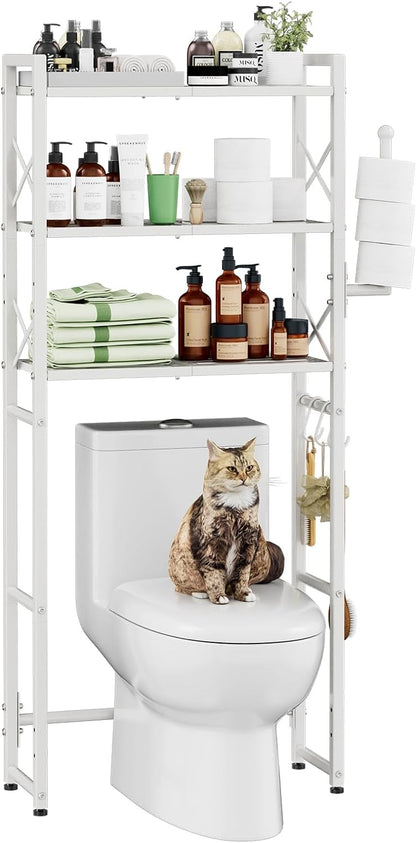 Simple Trending Over The Toilet Storage Cabinet, Metal Bathroom Shelf Organizer with Paper Holder and Hooks, 3 Tier, Black