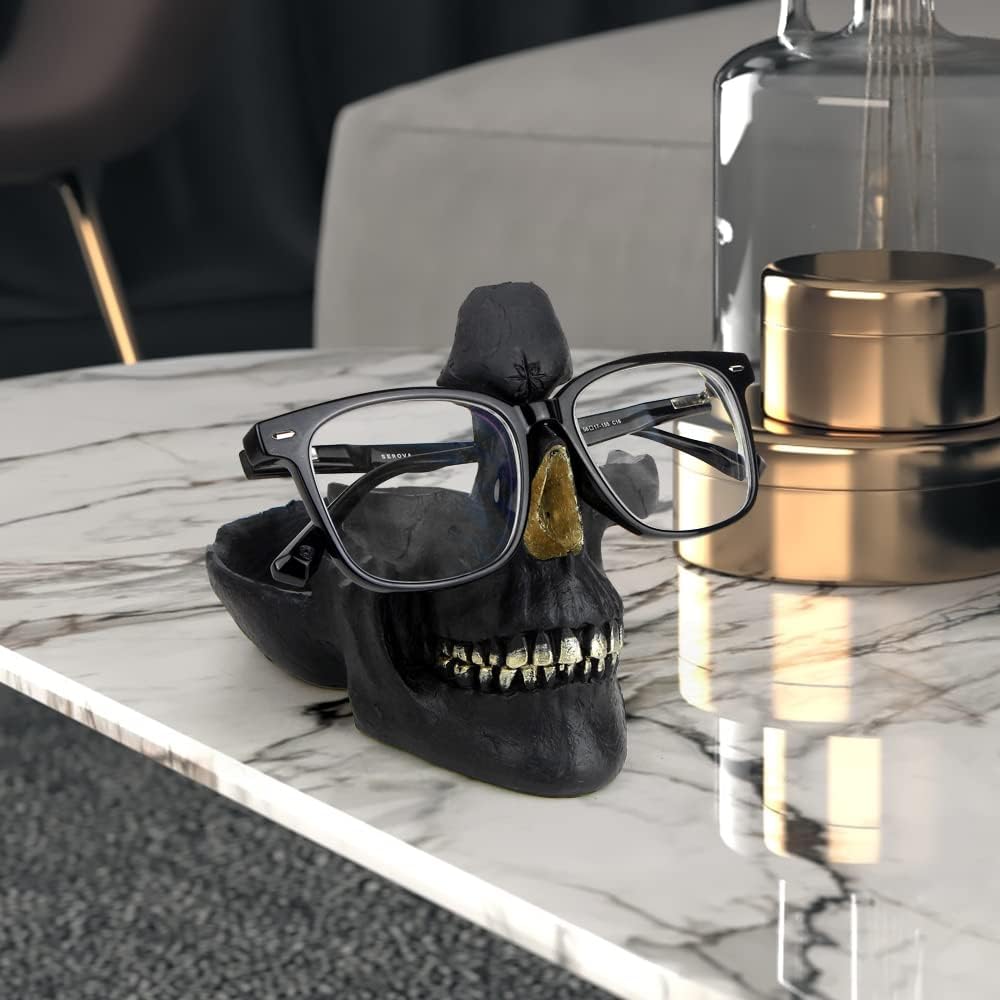 Mrlikale Skull Glasses Stand Holder, Creative Eyeglasses Holder | Sunglasses Spectacle Display Rack, Key Holder Resin Sculptures for Entryway, Home, Office, Desk, Nightstand (Gold)