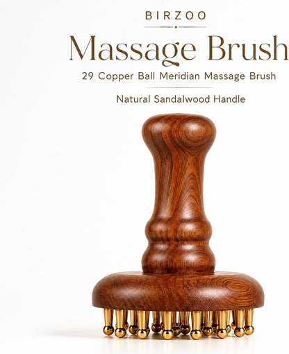 Copper Gua Sha Meridian Massage Brush with 29 Copper Ball Scalp & Body Massage Tool with Sandalwood Handle, Acupressure Massage Brush for Head, Neck, Shoulder & Body Relaxation