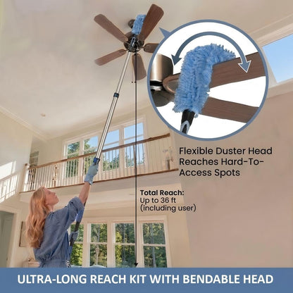 20ft High Ceiling Duster Kits with 5-12ft Heavy Duty Extension Pole - Fan Blade Cleaner, Cobweb Remover & Blue Window Squeegee Kit, Washable Dust Brush for High Roof and Glass Surfaces