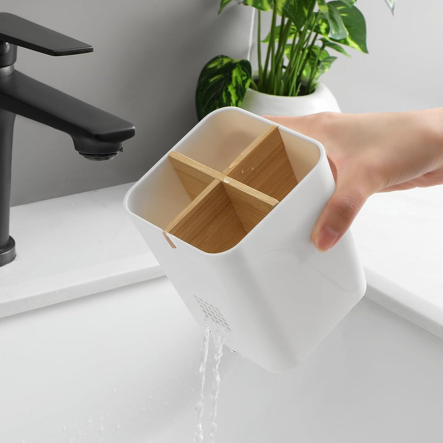 Electric Toothbrush Holder Tooth Brush and Toothpaste Organizer, Black | 3 Slots, Drainage Holes, Removable Bamboo Divider, Ventilation Design, Space-Saving, for Bathroom Countertop, Shower, Vanity