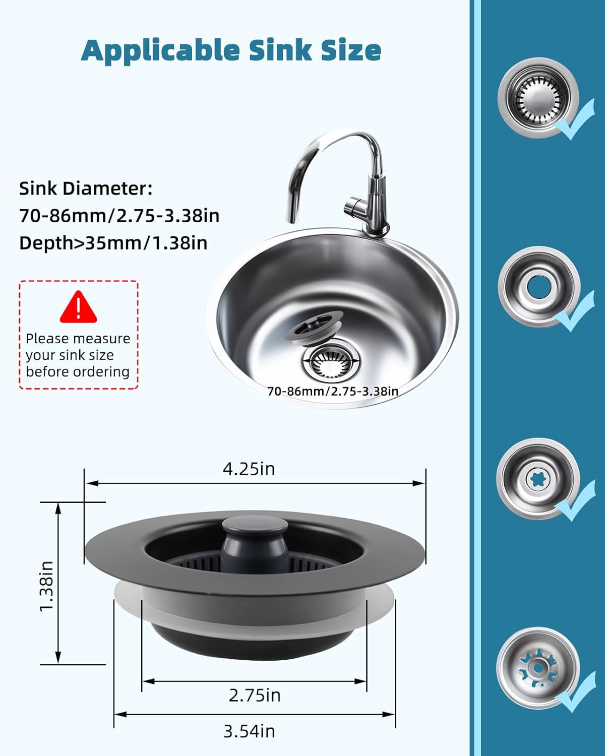 Universal 3 in 1 Kitchen Sink Drain Strainer Stopper Combo, Matte Black | Stainless Steel Shell Pop Up Sink Stopper for US Standard 3-1/2 inch Drain Filter, Anti-Clog and Easy Clean