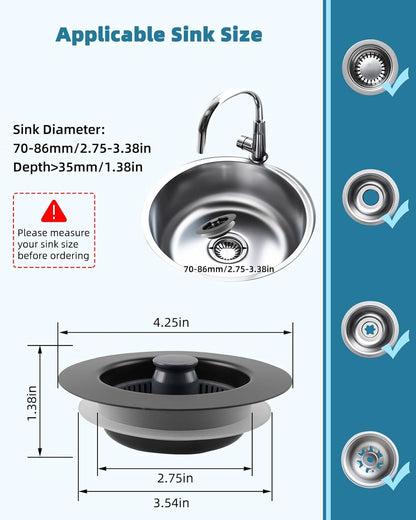 Universal 3 in 1 Kitchen Sink Drain Strainer Stopper Combo, Matte Black | Stainless Steel Shell Pop Up Sink Stopper for US Standard 3-1/2 inch Drain Filter, Anti-Clog and Easy Clean