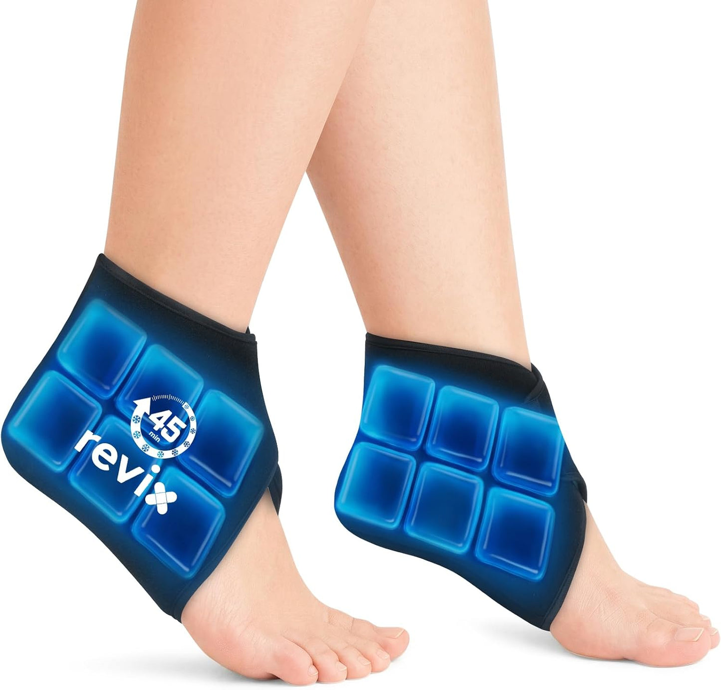 REVIX Ankle Ice Pack Wraps for Plantar Fasciitis Relief, 45-Min Coldness | Gel Cold Compress Wrap for Feet Pain Relief, Reusable Ice Pack for Foot with Ice Grid Design for Achilles Tendonitis, 2 Packs