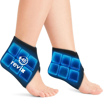 REVIX Ankle Ice Pack Wraps for Plantar Fasciitis Relief, 45-Min Coldness | Gel Cold Compress Wrap for Feet Pain Relief, Reusable Ice Pack for Foot with Ice Grid Design for Achilles Tendonitis, 2 Packs
