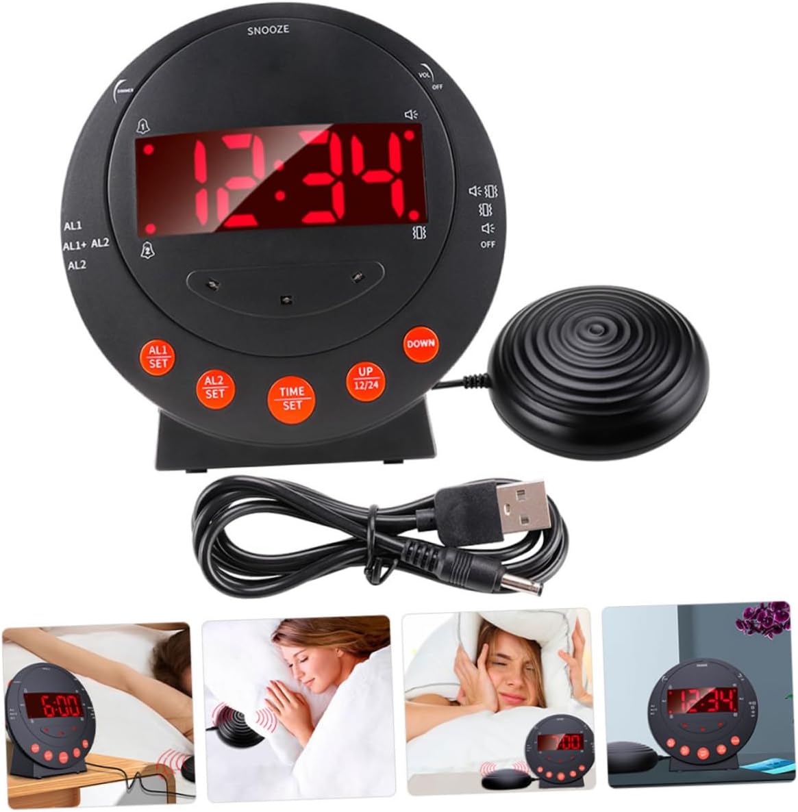 Happyyami Vibrating Alarm Clock with Bed Shaker for Heavy Sleepers and Deaf 3-Piece Set Digital LED Display Loud Sound Suitable for Home Use
