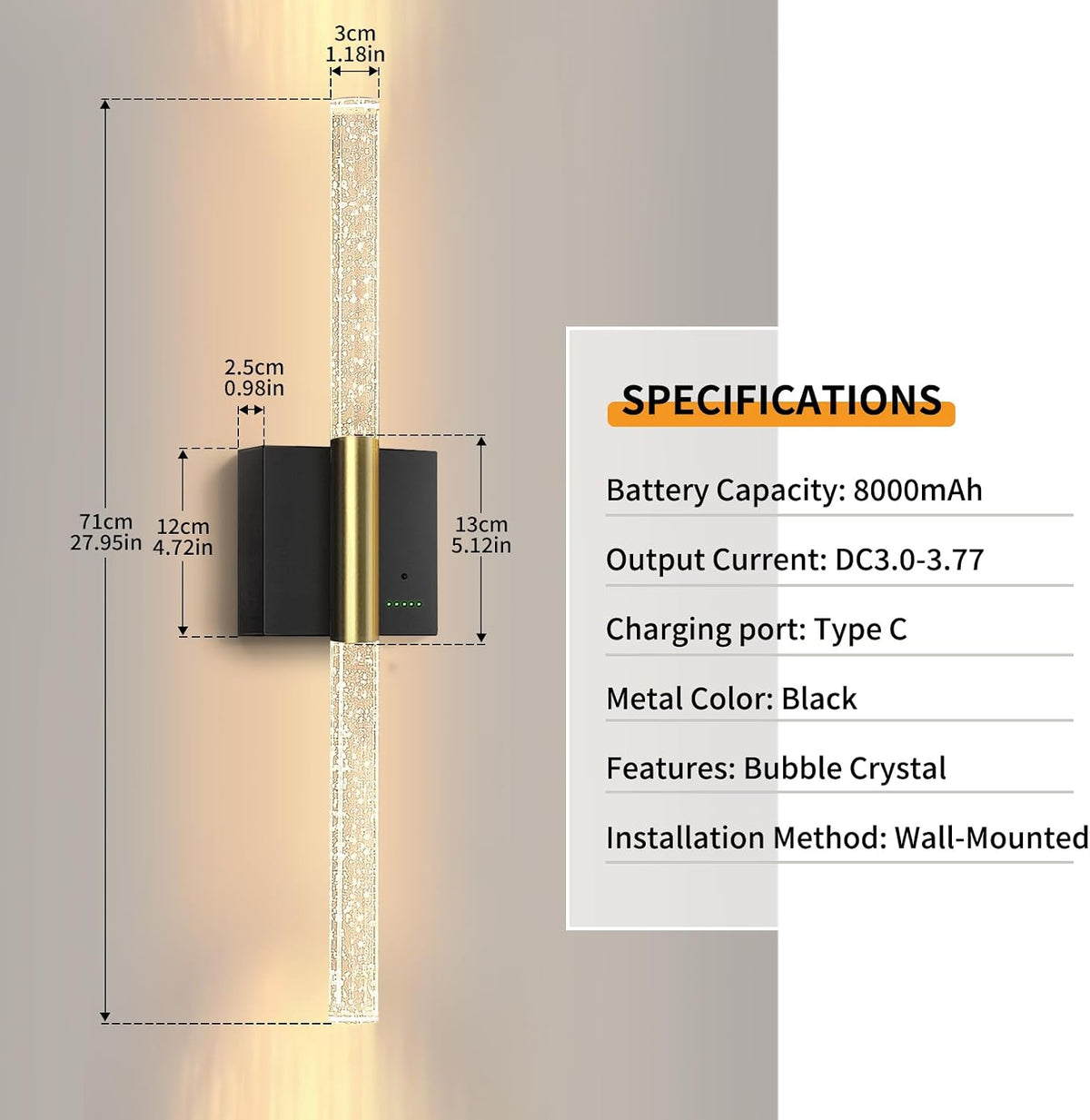 Battery Operated Sconces Set of 2, 28in Rechargeable Wireless Wall Lights